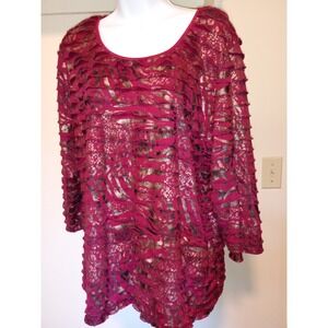 JM Collection Women's Ruffled Layered 3/4 Sleeve Top Burgundy Gold‎ XL